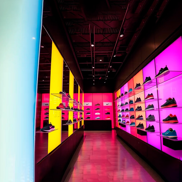 display-of-running-shoes-using-colored-lights Display of running shoes using backlight with colorful LED lights