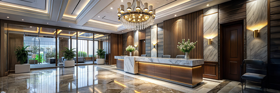 elegant-hotel-reception-with-modern-lighting-design Elegant hotel reception with modern lighting design.