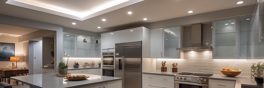 elegant-modern-kitchen-with-led-strips-under-the-cabinets-and-on-the-ceiling Elegant modern kitchen with lighting design made of LED strips under the cabinets and cove light on the ceiling