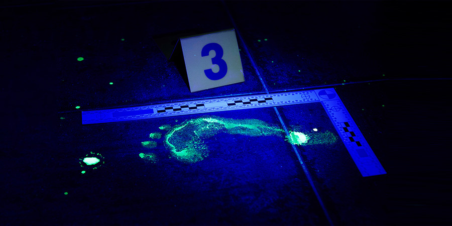 footprint-found-by-uv-light-at-crime-scene Footprint revealed by UV light at a crime scene.
