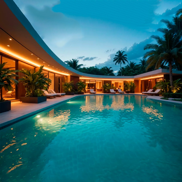 hotel-pool-surroundings-illuminated-by-soffit-lights Hotel soffit lighting using LED strips around a swimming pool