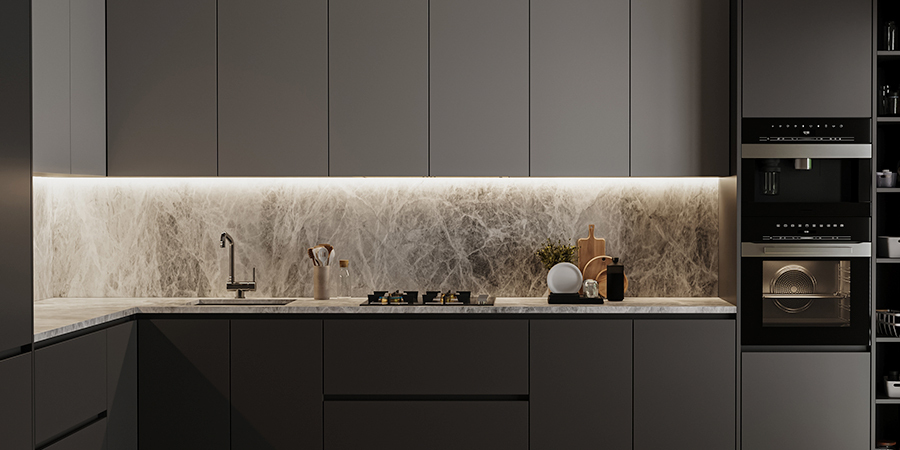 kitchen-with-marble-backsplash-illuminated-by-led-white-strips Elegant gray kitchen with marble backsplash illuminated by white LED strips