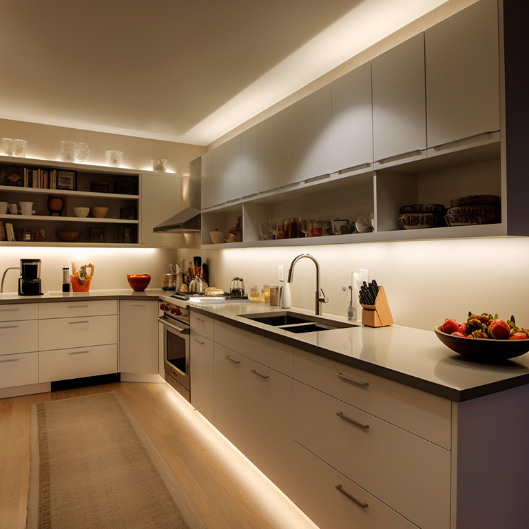 itchen-with-white-cabinets-with-lighting-design-using-LED-strips Kitchen with white cabinets and LED strips lighting over and under the cabinets, and on the countertop kicker.