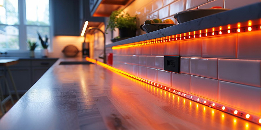 led-strip-lighting-modern-kitchen-backsplash A modern kitchen with warm orange LED strip lighting installed along the backsplash, highlighting the tiled wall and wooden countertop.