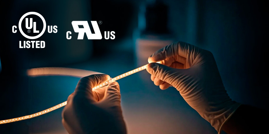 led-strip-lighting-quality-control A close-up of gloved hands holding a flexible strip of LED lights, likely during a quality control inspection process.