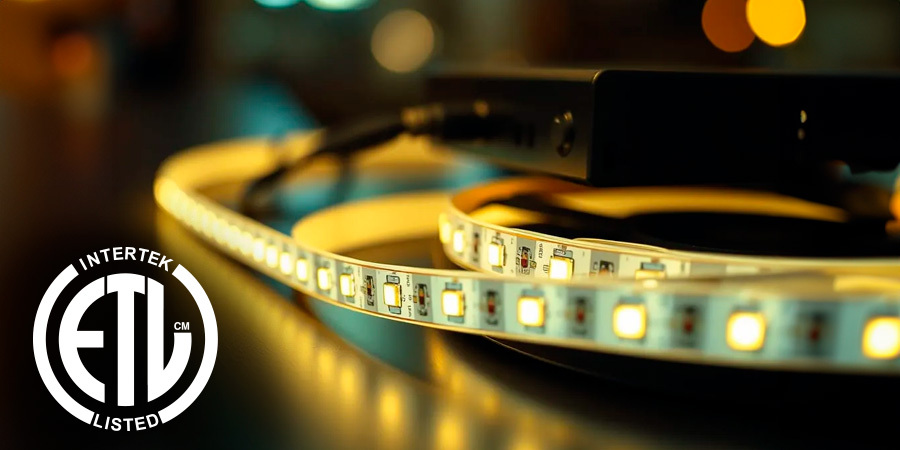led-strip-lighting-warm-yellow-dark-background Roll of warm yellow LED strip lighting coiled on a dark surface. The lights are turned on, illuminating the strip and creating a warm glow.