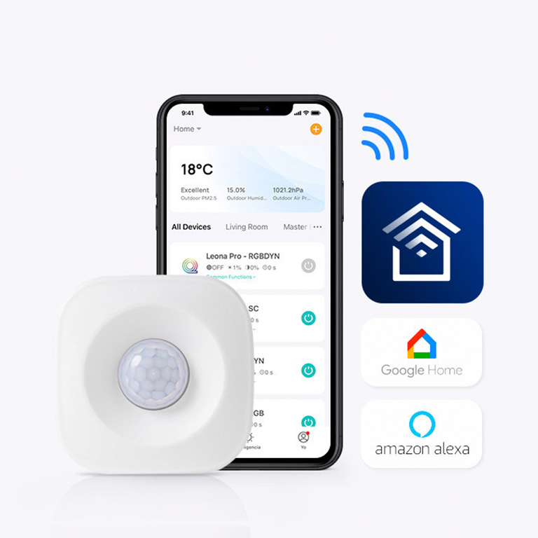 Smartphone showing smart home device management with motion sensor and integration options