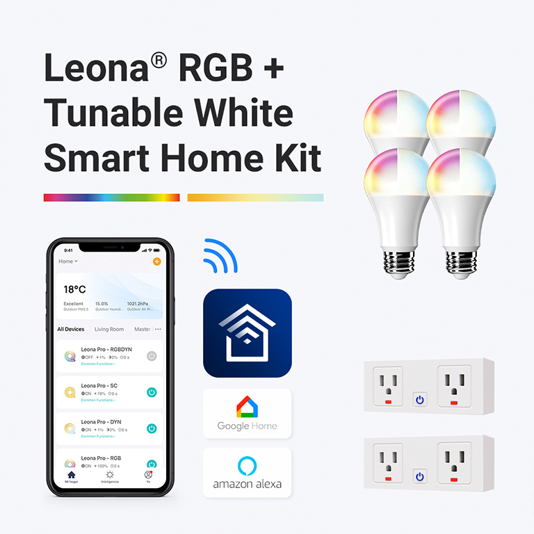Smart home kit featuring RGB and tunable white bulbs, smart plugs, and mobile app