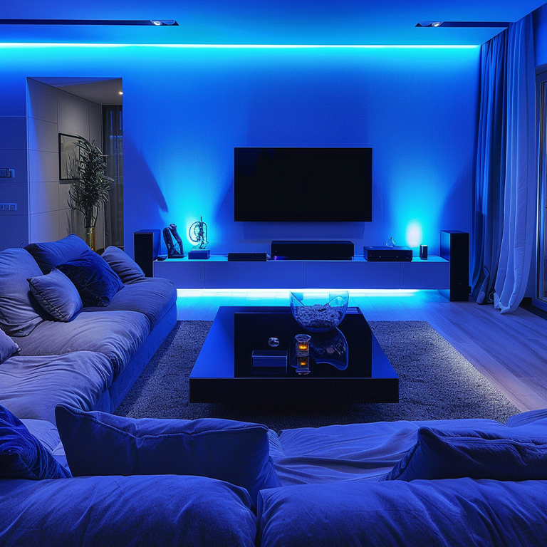 living room rgb blue led strip lights Elegant living room with blue RBG lights behind the walls and under the TV cabinet