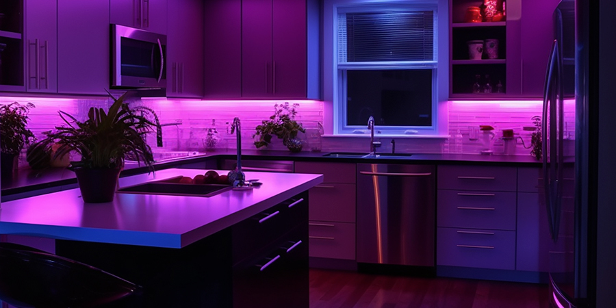 modern kitchen rgb led strip lighting purple and blue ambient lights Modern kitchen with RGB LED strip lighting in purple and blue, creating a vibrant ambient glow.