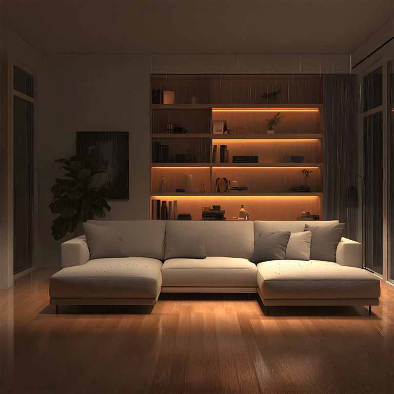 **Modern Living Room Ambient Lighting LED Bookshelves**
A cozy modern living room featuring warm LED lighting illuminating built-in bookshelves, creating a comfortable and stylish ambiance behind a white sectional sofa