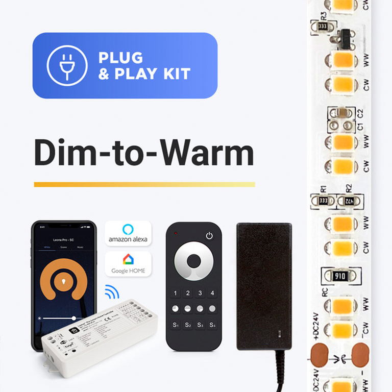 Dim-to-warm LED strip plug and play kit with smart controls and accessories
