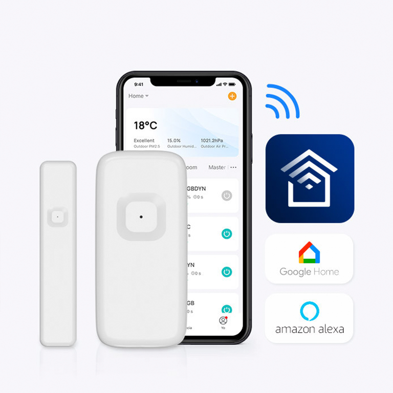 Smart home control app on phone with door sensor and Google Home, Alexa compatibility