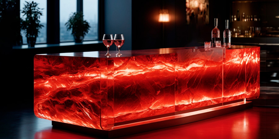 translucent-bar-counter-backlit-with-red-light-sheets Translucent stone bar counter illuminated from behind with red LED light sheets