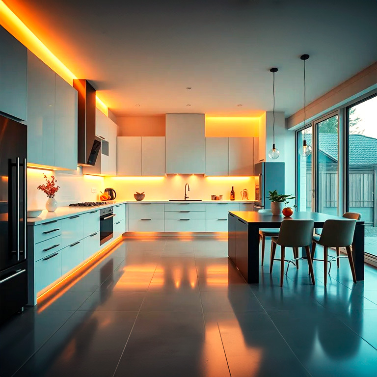 Yellow-LEDs-Illuminating-a-Kitchen Kitchen illuminated with yellow LED strips