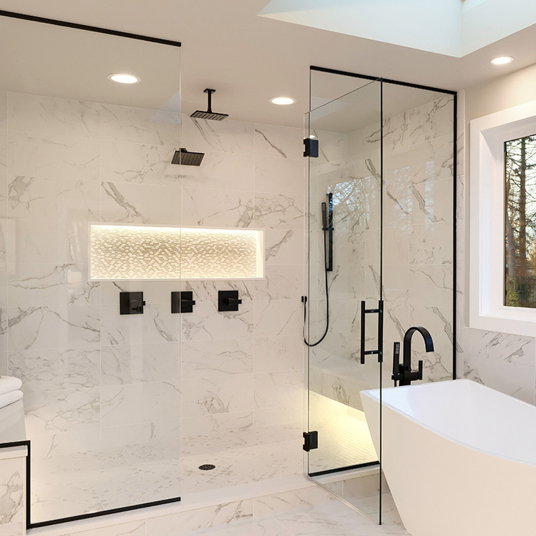 Bathroom featuring LED accent lights for a stylish and contemporary look