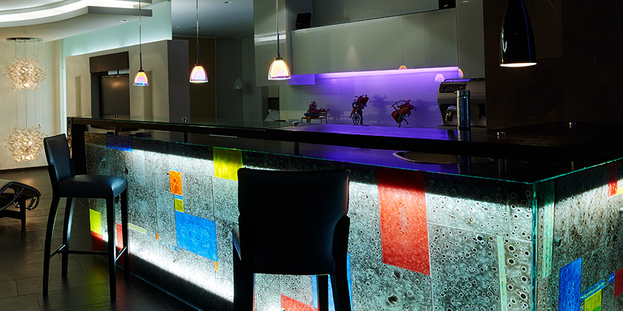 Wet Bat Lighting LED lighting illuminating a stylish wet bar
